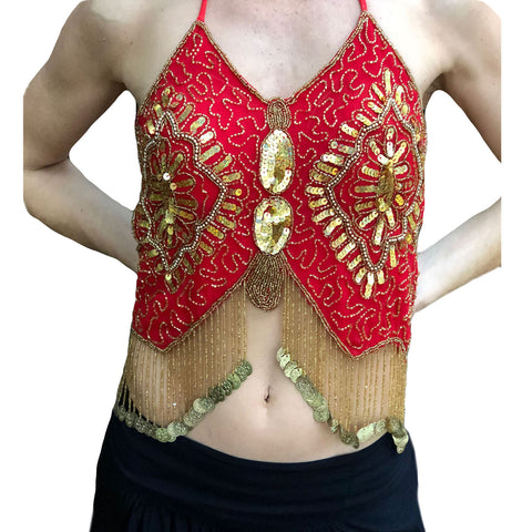 Womans Belly Dance Top Sequin Coin Top rave Top Red Gold