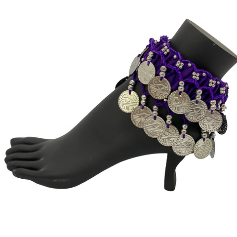 Belly dance wrist band stretchy coin anklets Purple Silver