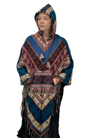 Soft one size Wool and Acrylic hooded pancho with pockets Himalayan