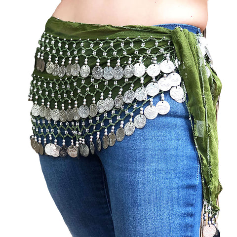 Belly Dance Coin scarf Zumba coin scarf  Olive silver
