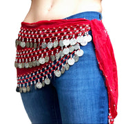 Belly Dance Coin scarf Zumba coin scarf  Red Silver Coin
