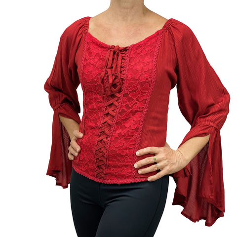 Womans renaissance blouse lace victorian top Dark red