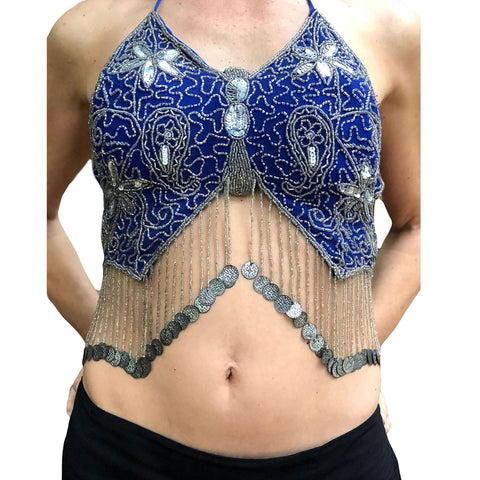 Womans Belly Dance Top Sequin Coin Top rave Top Royal Silver