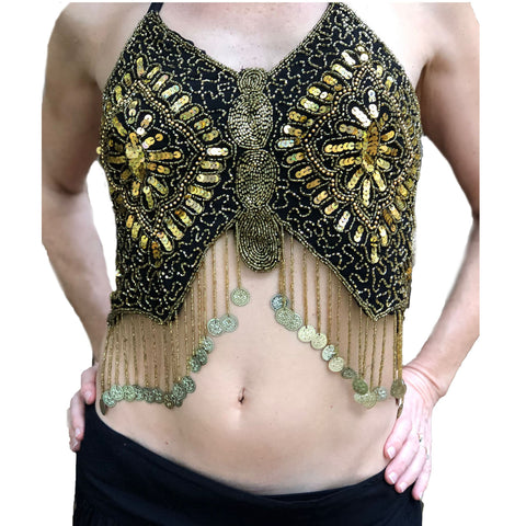 Belly Dance Top Sequin Coin Top rave Top Black Gold