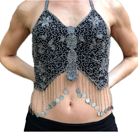 Belly Dance Top Sequin Coin Top rave Top black silver