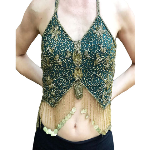 Womans Belly Dance Top Sequin Coin Top rave Top green gold 