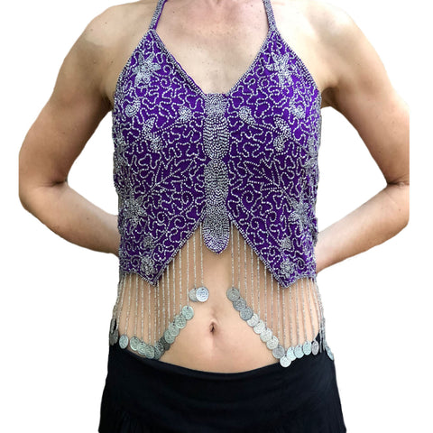 Womans Belly Dance Top Sequin Coin Top rave Top Purple Silver