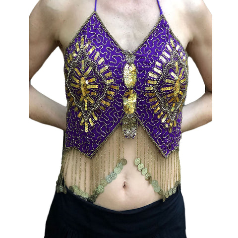 Womans Belly Dance Top Sequin Coin Top rave Top Purple Gold