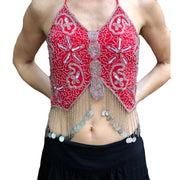 Womans Belly Dance Top Sequin Coin Top rave Top Red Silver