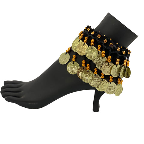 Belly dance wrist band stretchy coin anklets Black gold