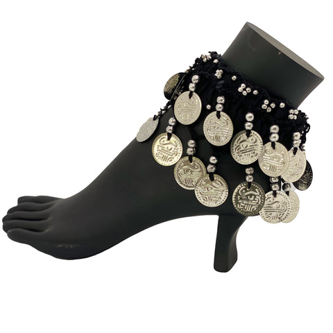 Belly dance wrist band stretchy coin anklets black silver