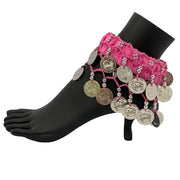 Belly dance wrist band stretchy coin anklets pink