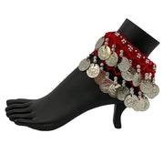 Belly dance wrist band stretchy coin anklets Red Silver